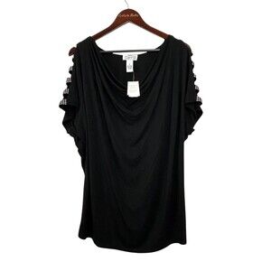 New Carina Womens Size XL Black Cowl Neck Blouse Rhinestone Cold Shoulder Top N